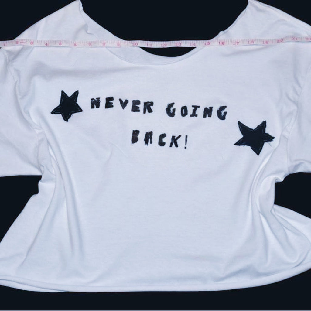white off the shoulder phoebe bridgers inspired graphic tee | hand sewed black fabric stars