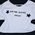 white off the shoulder phoebe bridgers inspired graphic tee | hand sewed black fabric stars
