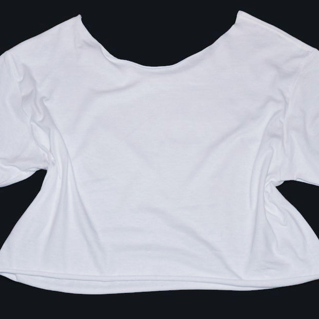 white off the shoulder phoebe bridgers inspired graphic tee | hand sewed black fabric stars